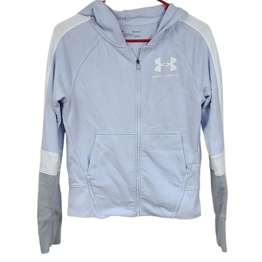 Under Armour Girls Hoodie YLG Blue Full Zip ColdGear Thumbholes Athletic Jacket